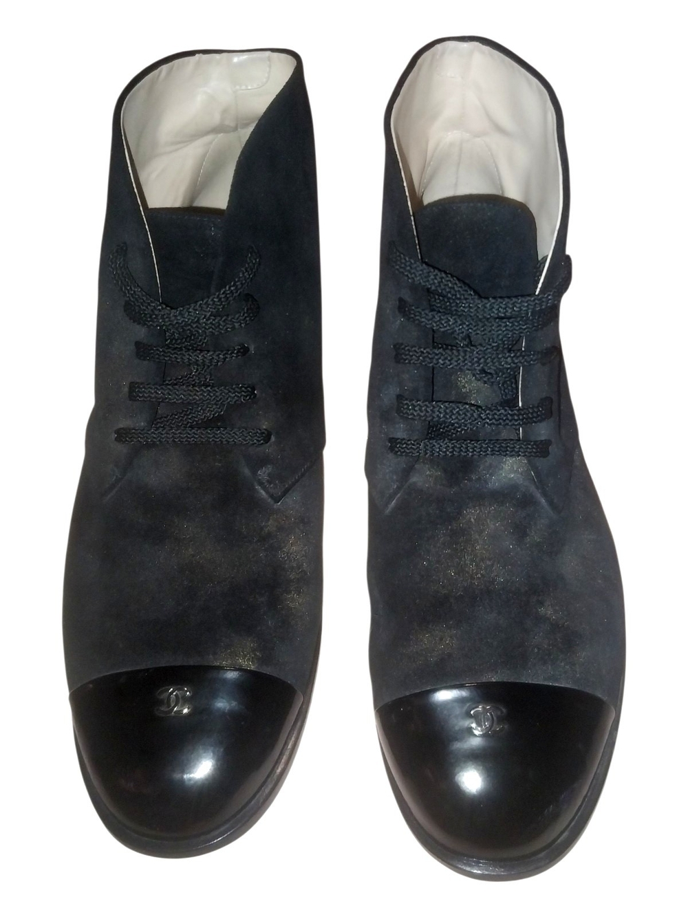 CHANEL Black Suede and Patent Cap-Toe Chukka Boots